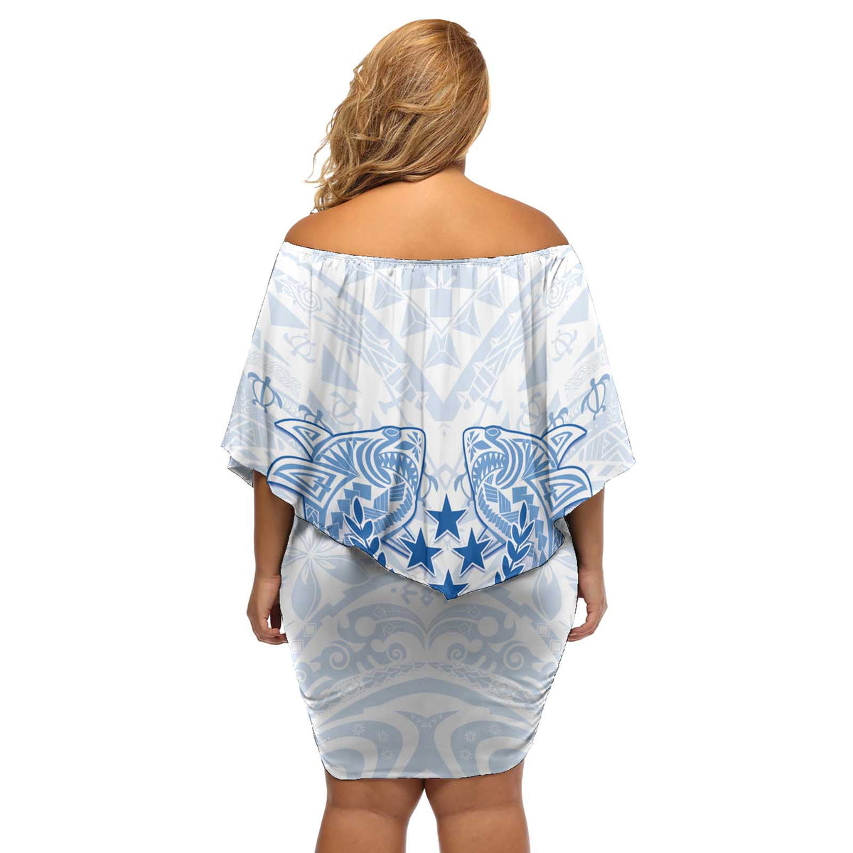 Happy Kosrae Liberation Day Off Shoulder Short Dress Polynesian Shark Turtle Motif LT05 - Polynesian Pride