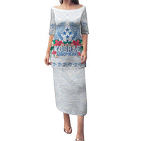Happy Kosrae Liberation Day Puletasi Polynesian Shark Turtle Motif LT05 Long Dress White - Polynesian Pride