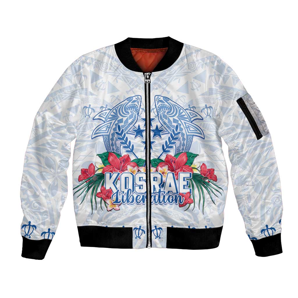 Happy Kosrae Liberation Day Sleeve Zip Bomber Jacket Polynesian Shark Turtle Motif