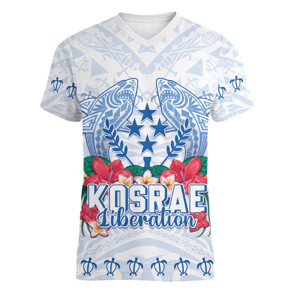 Happy Kosrae Liberation Day Women V-Neck T-Shirt Polynesian Shark Turtle Motif