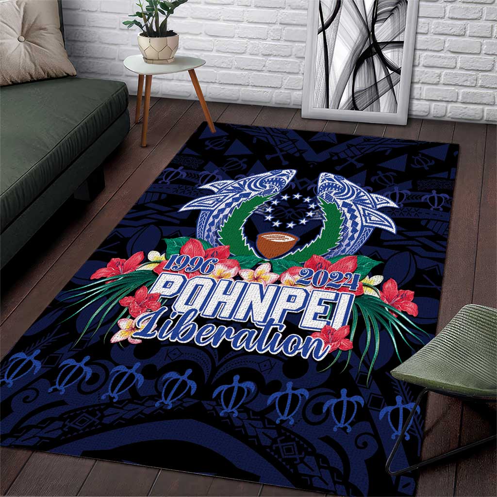 Happy Pohnpei Liberation Day Area Rug Polynesian Shark Turtle Motif LT05 Blue - Polynesian Pride