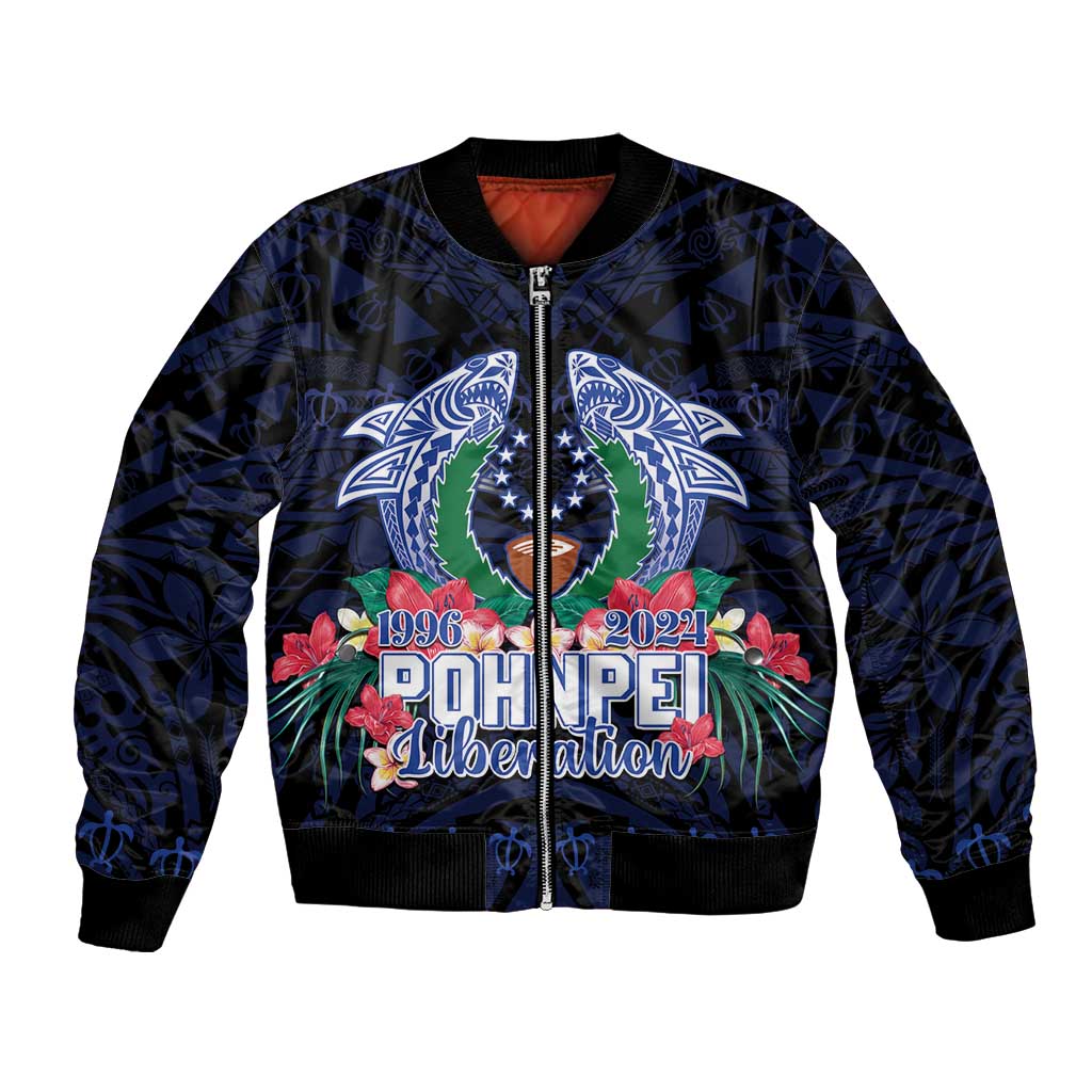 Happy Pohnpei Liberation Day Bomber Jacket Polynesian Shark Turtle Motif LT05 Unisex Blue - Polynesian Pride