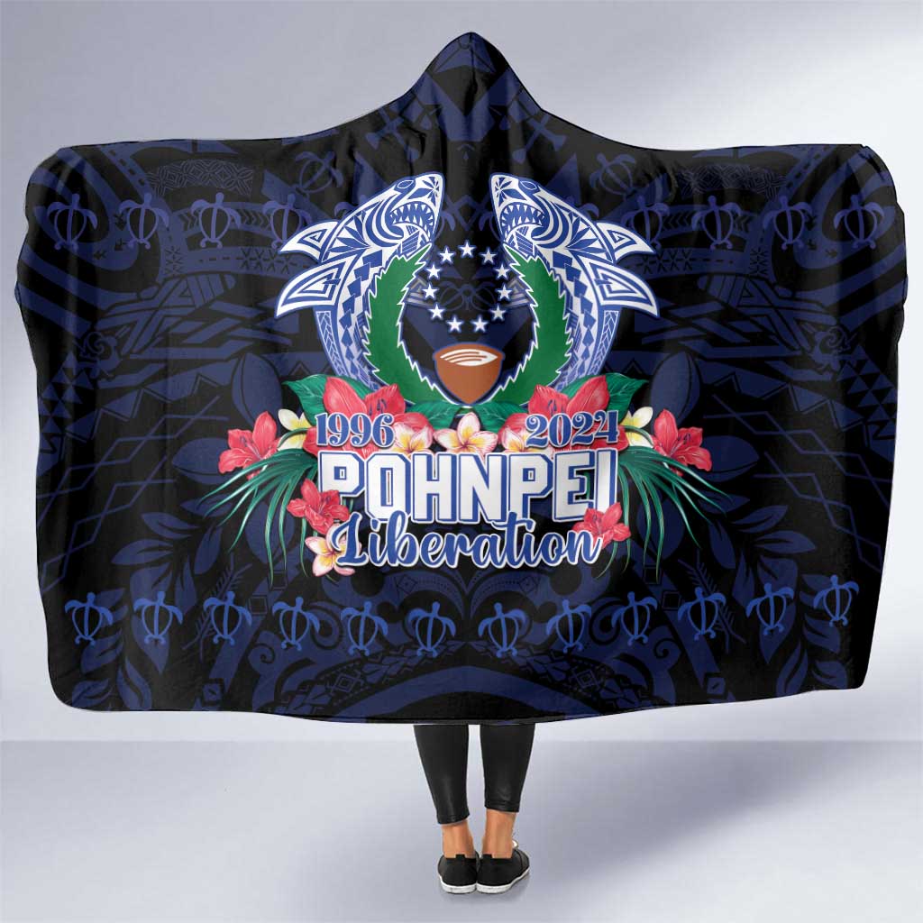 Happy Pohnpei Liberation Day Hooded Blanket Polynesian Shark Turtle Motif LT05 One Size Blue - Polynesian Pride