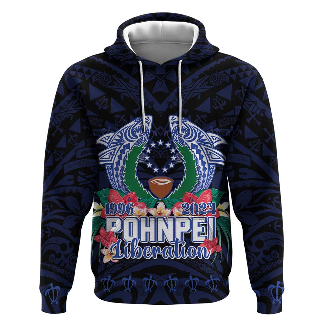 Happy Pohnpei Liberation Day Hoodie Polynesian Shark Turtle Motif LT05 Pullover Hoodie Blue - Polynesian Pride