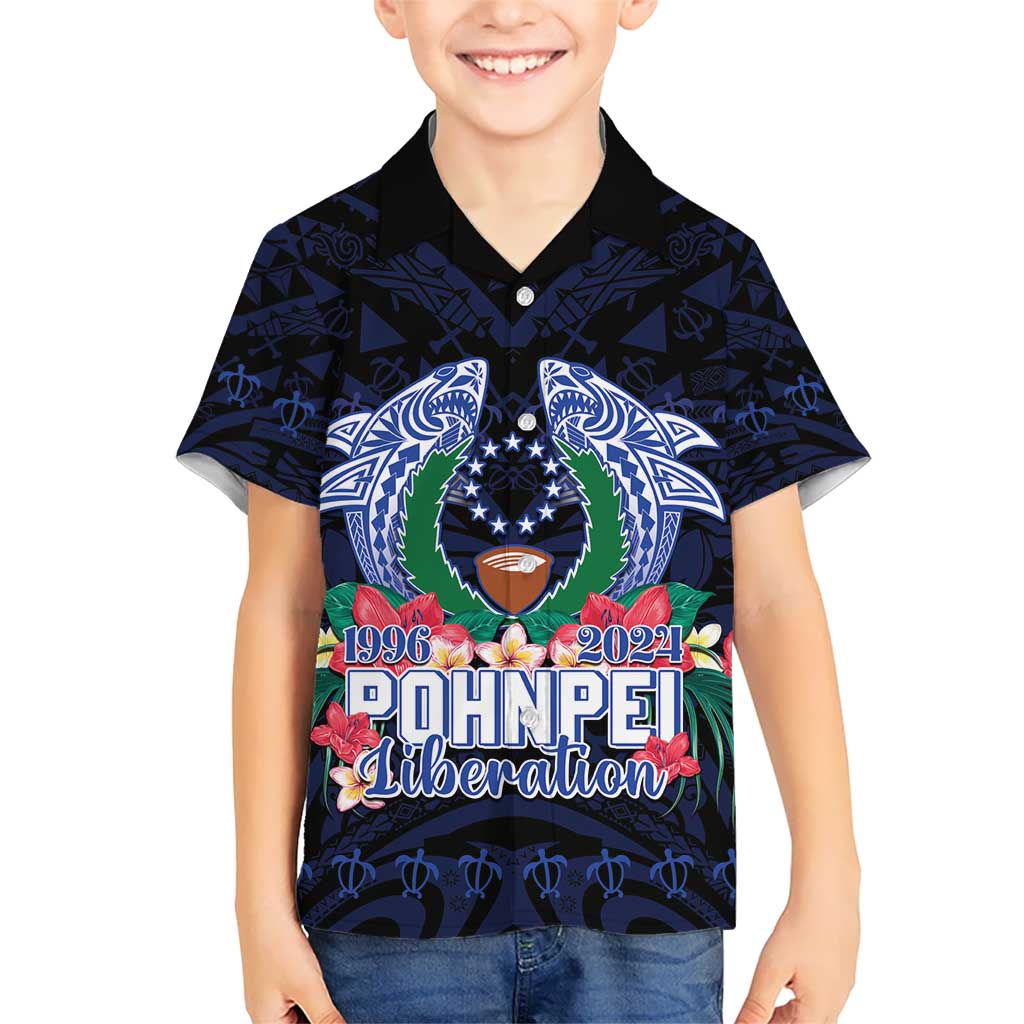 Happy Pohnpei Liberation Day Kid Hawaiian Shirt Polynesian Shark Turtle Motif LT05 Kid Blue - Polynesian Pride