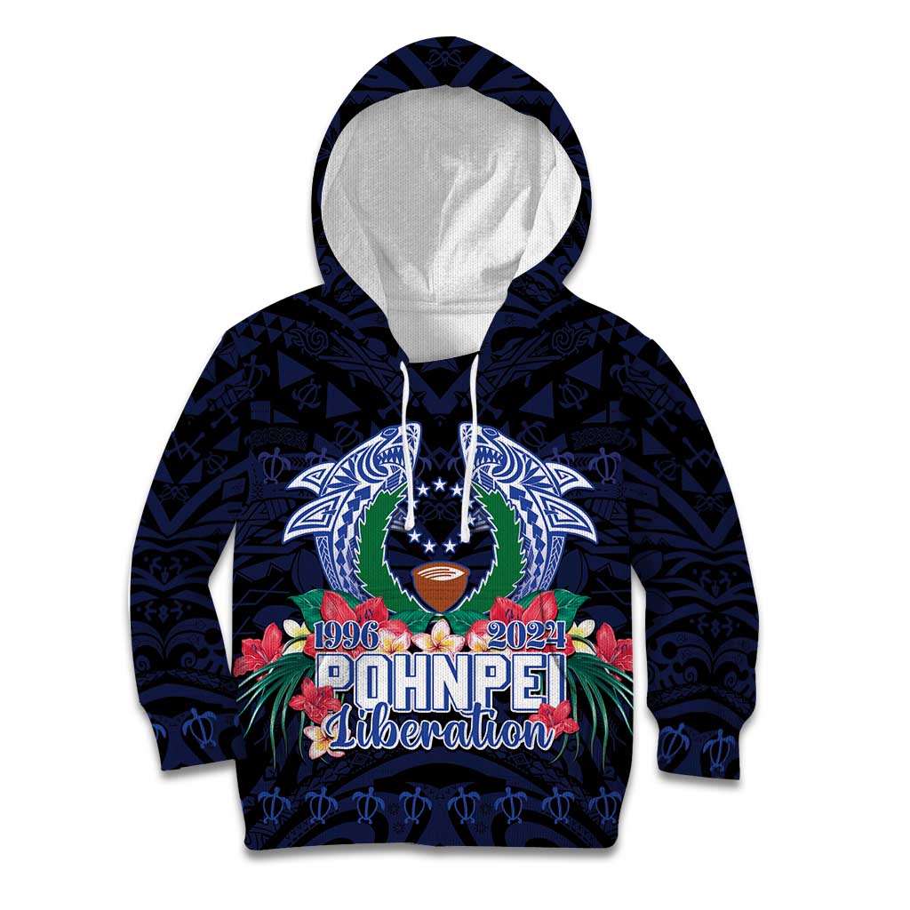 Happy Pohnpei Liberation Day Kid Hoodie Polynesian Shark Turtle Motif LT05 Hoodie Blue - Polynesian Pride