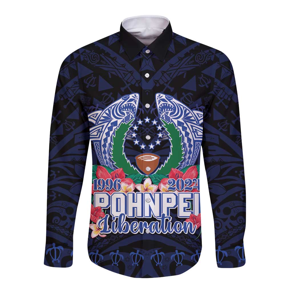 Happy Pohnpei Liberation Day Long Sleeve Button Shirt Polynesian Shark Turtle Motif LT05 Unisex Blue - Polynesian Pride