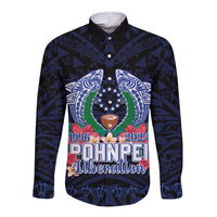 Happy Pohnpei Liberation Day Long Sleeve Button Shirt Polynesian Shark Turtle Motif LT05 Unisex Blue - Polynesian Pride