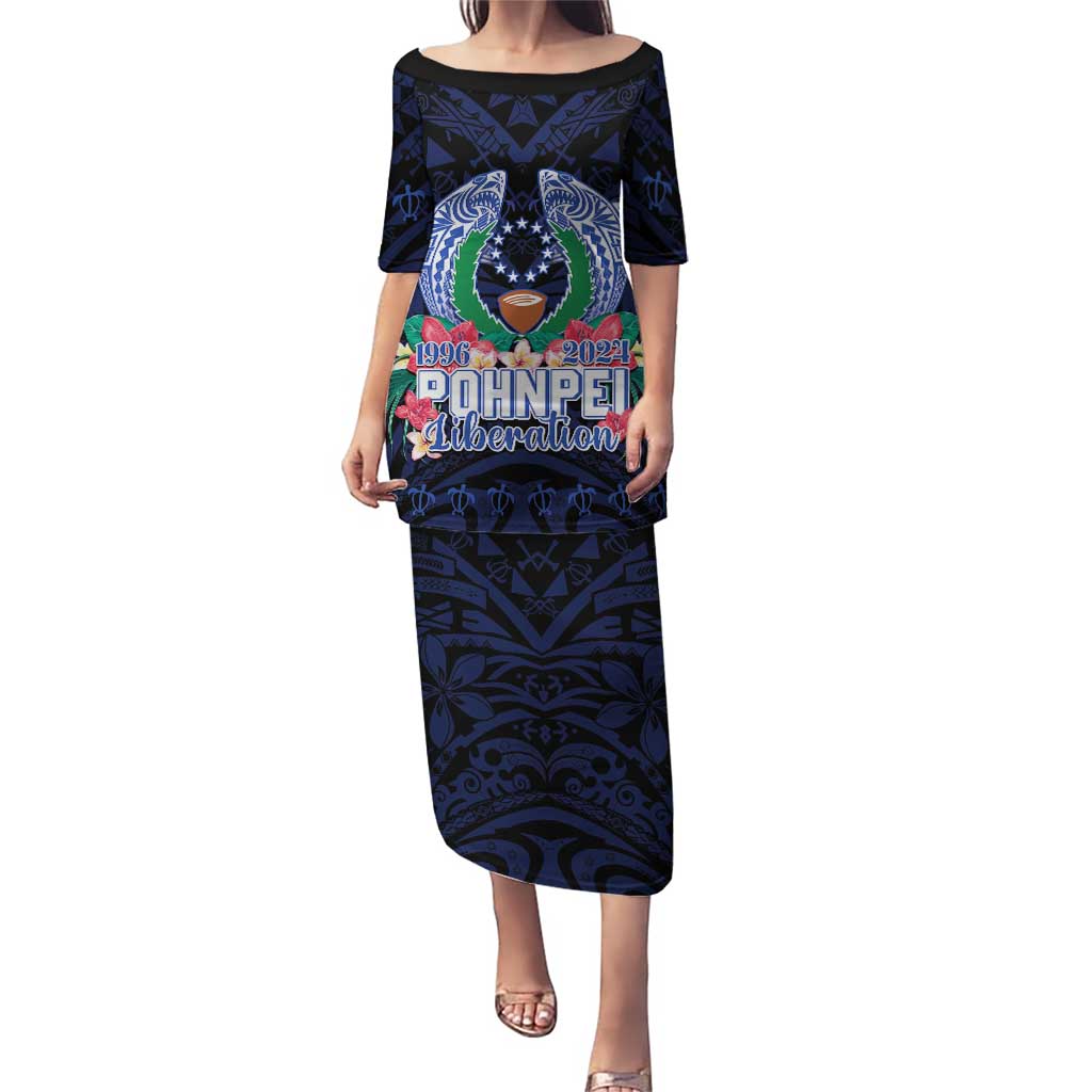Happy Pohnpei Liberation Day Puletasi Polynesian Shark Turtle Motif LT05 Long Dress Blue - Polynesian Pride