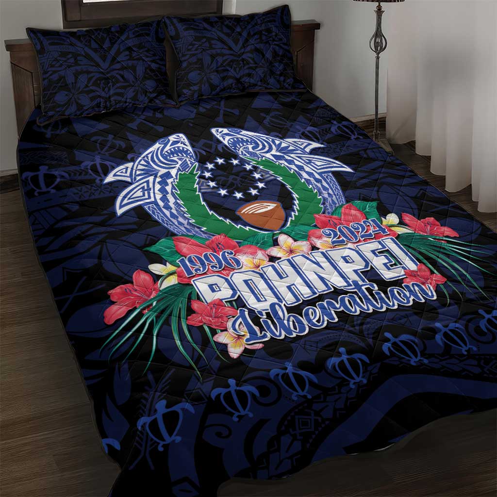 Happy Pohnpei Liberation Day Quilt Bed Set Polynesian Shark Turtle Motif LT05 Blue - Polynesian Pride