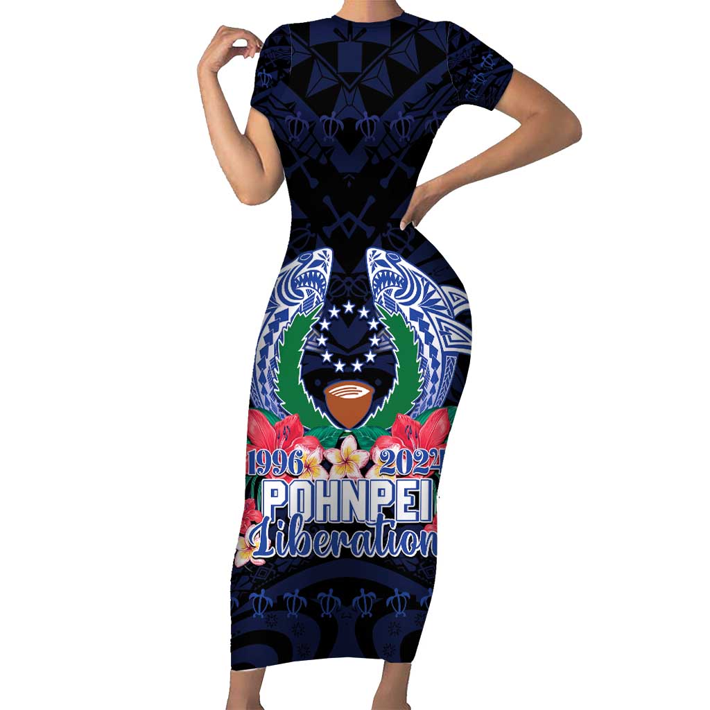 Happy Pohnpei Liberation Day Short Sleeve Bodycon Dress Polynesian Shark Turtle Motif LT05 Long Dress Blue - Polynesian Pride