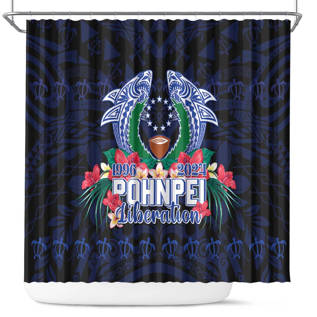 Happy Pohnpei Liberation Day Shower Curtain Polynesian Shark Turtle Motif LT05 Blue - Polynesian Pride