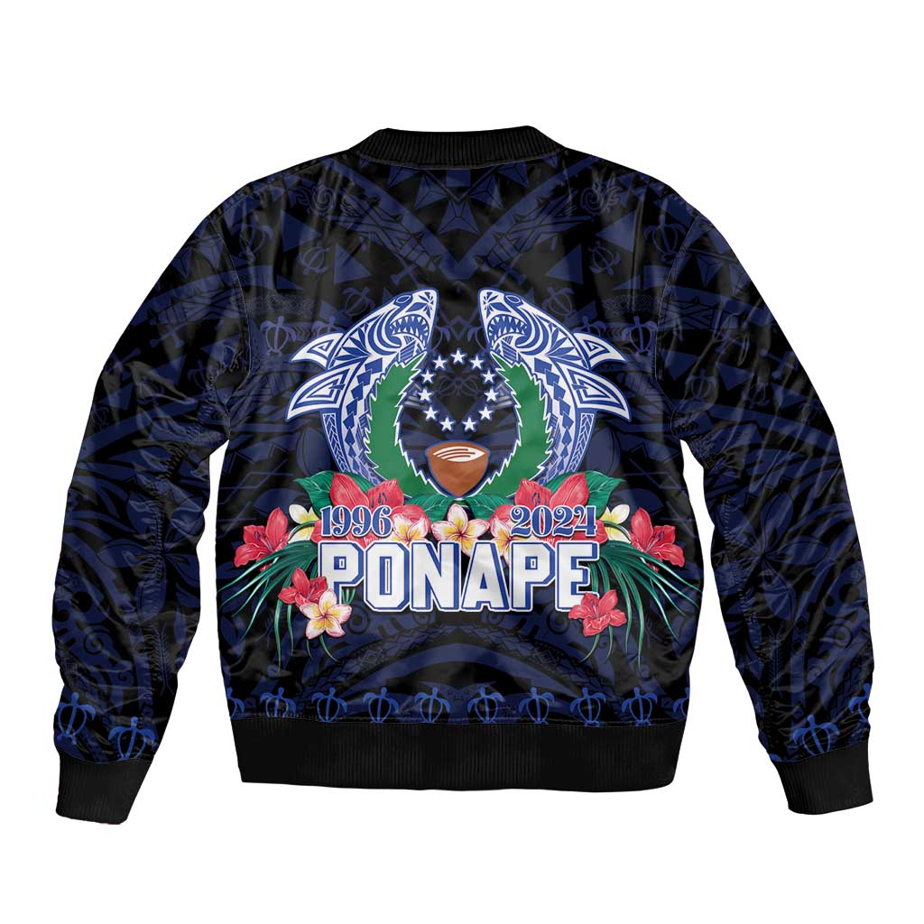 Happy Pohnpei Liberation Day Sleeve Zip Bomber Jacket Polynesian Shark Turtle Motif LT05 - Polynesian Pride