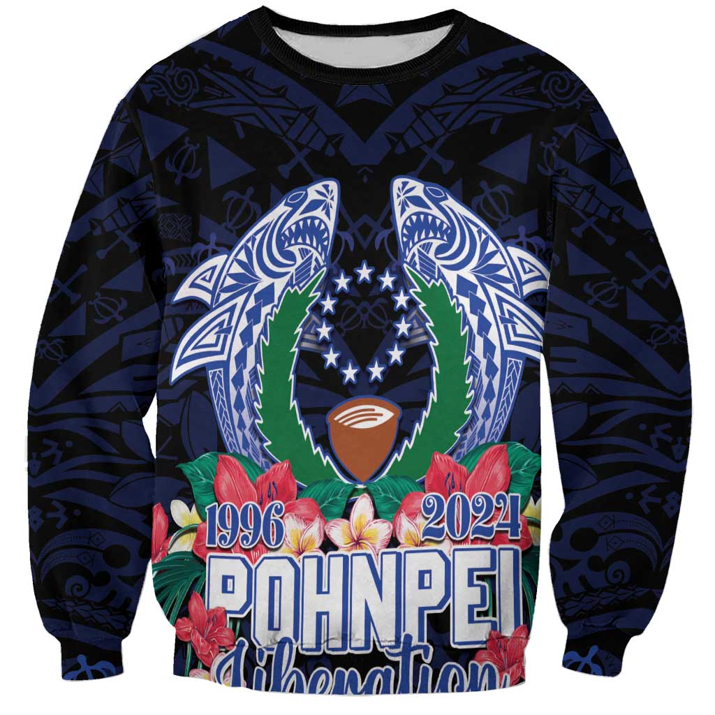 Happy Pohnpei Liberation Day Sweatshirt Polynesian Shark Turtle Motif LT05 Unisex Blue - Polynesian Pride
