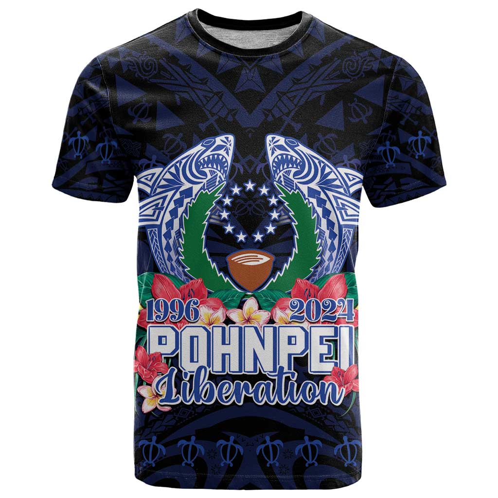 Happy Pohnpei Liberation Day T Shirt Polynesian Shark Turtle Motif LT05 Blue - Polynesian Pride
