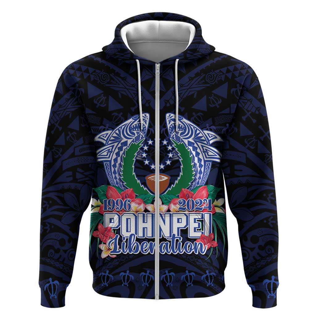 Happy Pohnpei Liberation Day Zip Hoodie Polynesian Shark Turtle Motif LT05 Zip Hoodie Blue - Polynesian Pride
