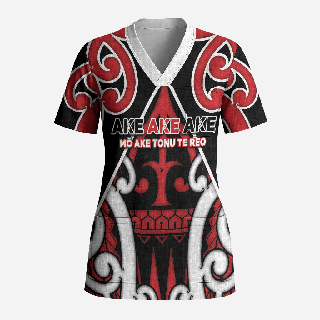 New Zealand Maori Language Week Scrub Top Mo Ake Tonu Te Reo LT05 Adult Black - Polynesian Pride