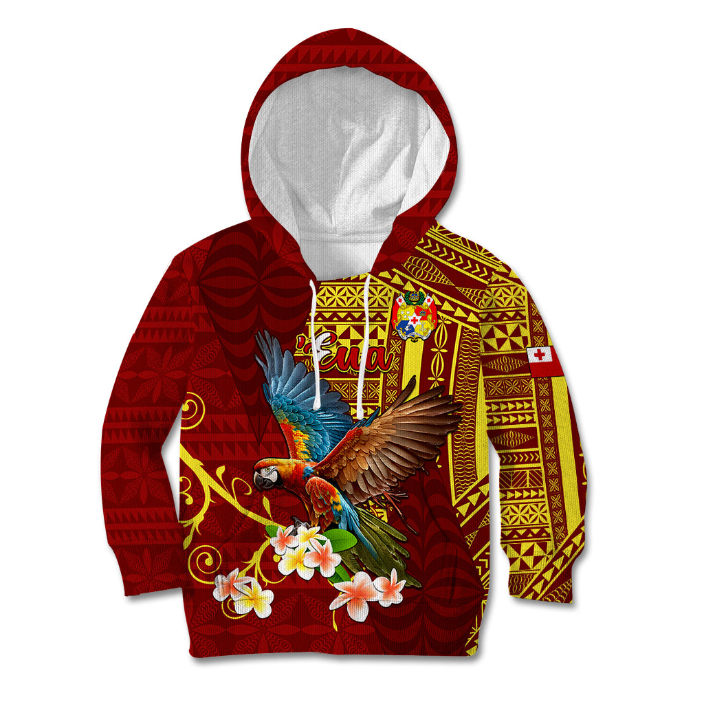 Personalized Tonga Eua Kid Hoodie Maroon Shining Parrot Coat Of Arms With Ngatu Pattern LT05 Hoodie Red - Polynesian Pride