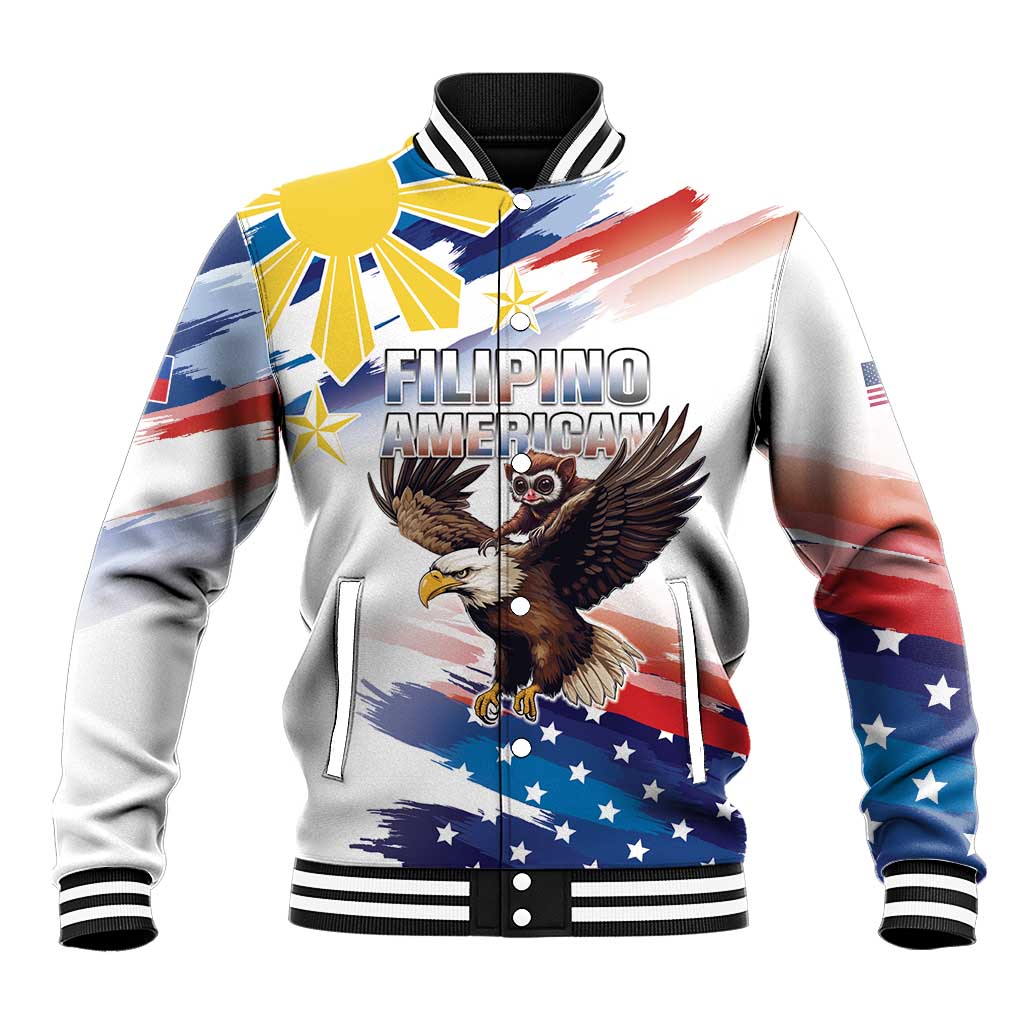 Filipino American History Month Baseball Jacket Bald Eagle Tarsier Together LT05 Unisex White - Polynesian Pride