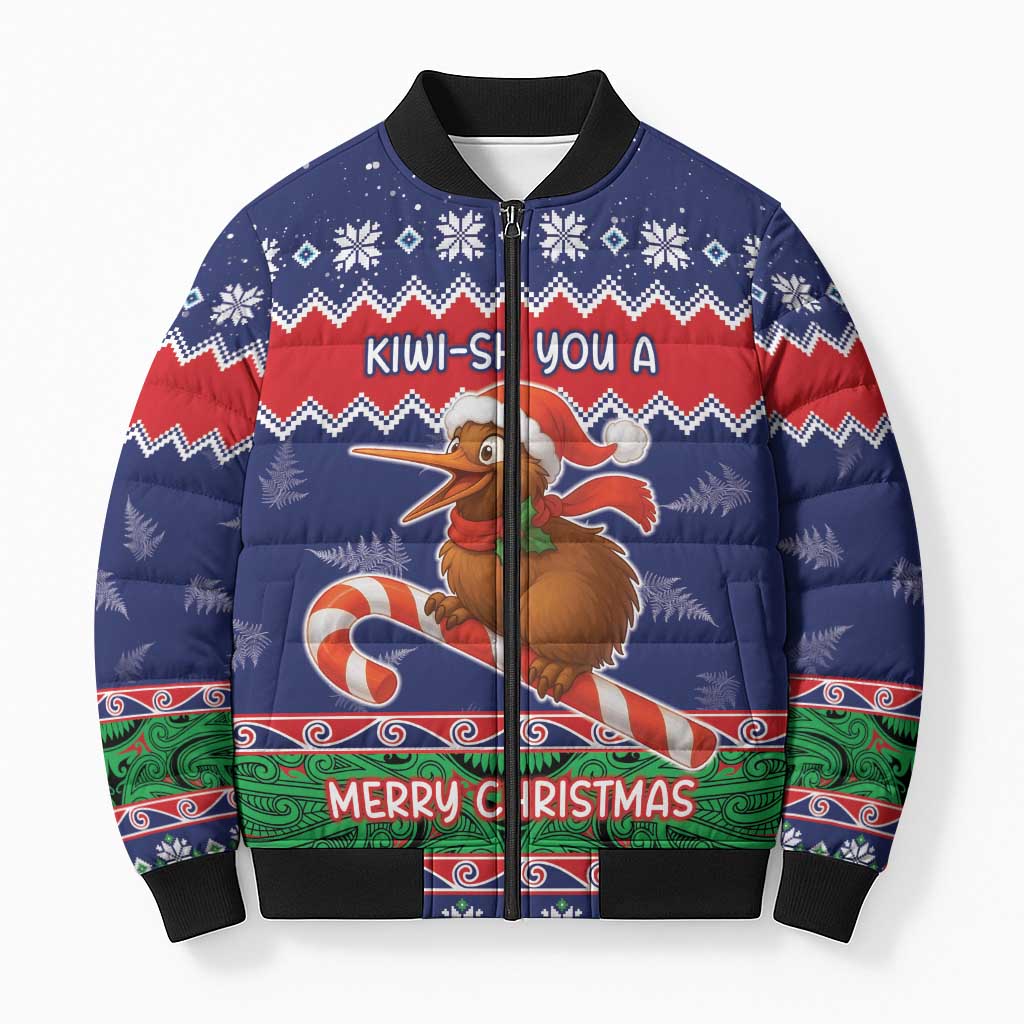 New Zealand Christmas Bomber Puffer Jacket Kiwi-sh You A Merry Christmas LT05 Unisex Blue - Polynesian Pride