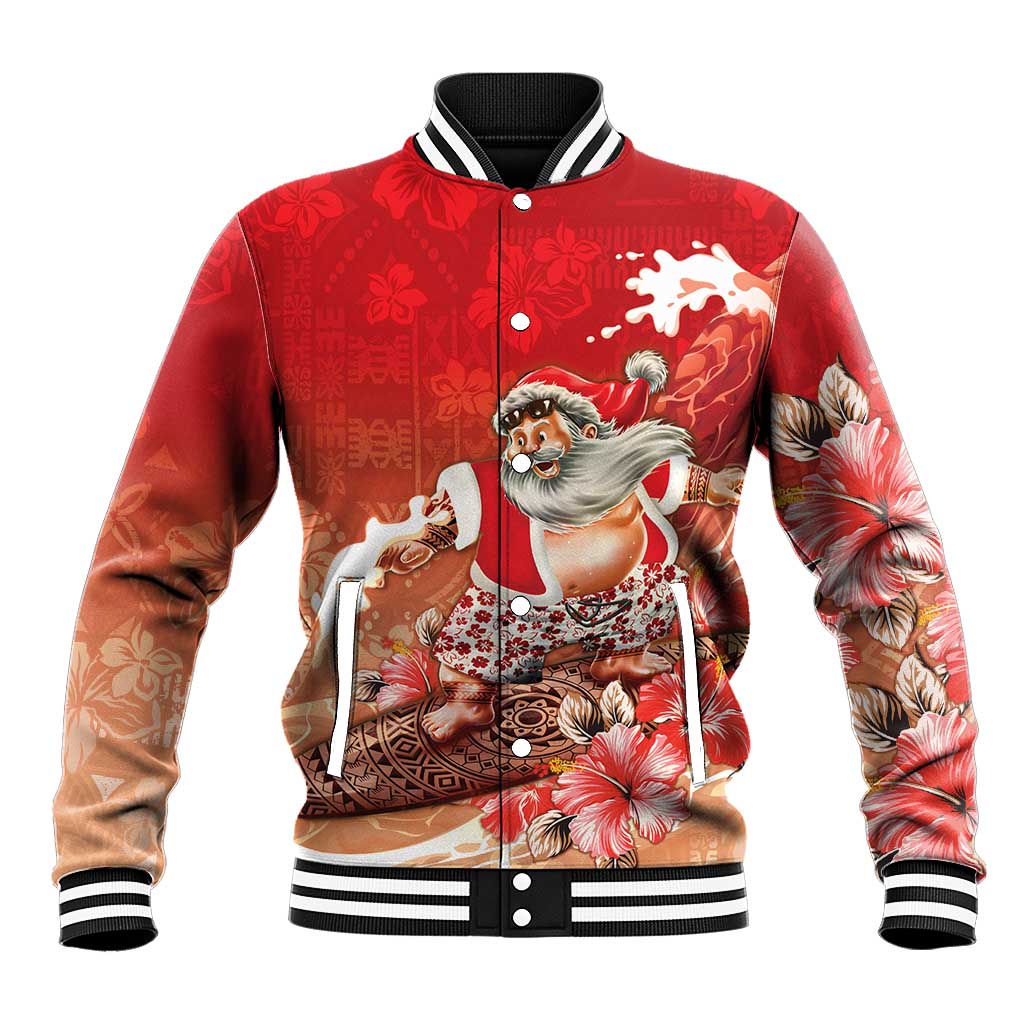 Hawaii Funny Christmas Baseball Jacket Santa Surfing With Tapa Pattern LT05 Unisex Red - Polynesian Pride