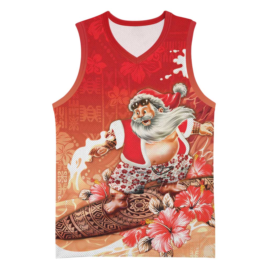 Hawaii Funny Christmas Basketball Jersey Santa Surfing With Tapa Pattern LT05 Unisex Red - Polynesian Pride