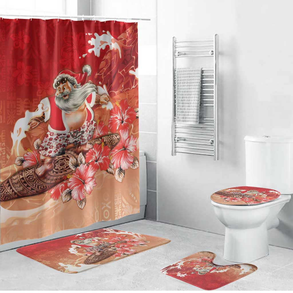 Hawaii Funny Christmas Bathroom Set Santa Surfing With Tapa Pattern LT05 Bathroom Set (4 pcs) Red - Polynesian Pride