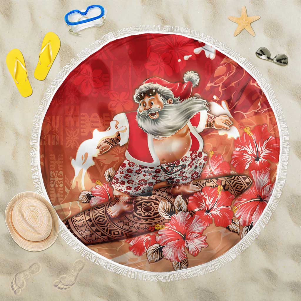 Hawaii Funny Christmas Beach Blanket Santa Surfing With Tapa Pattern LT05 One Size 150cm Red - Polynesian Pride