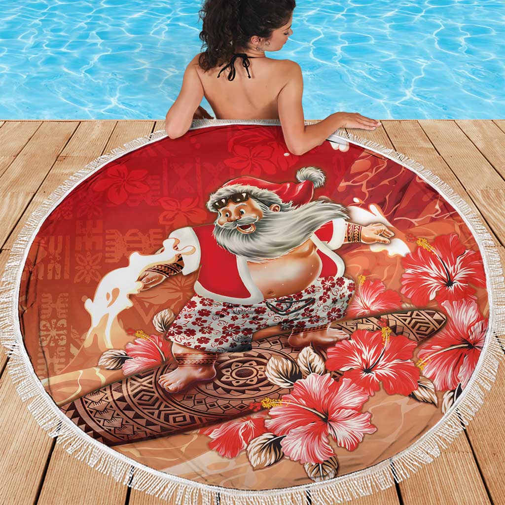 Hawaii Funny Christmas Beach Blanket Santa Surfing With Tapa Pattern LT05 - Polynesian Pride