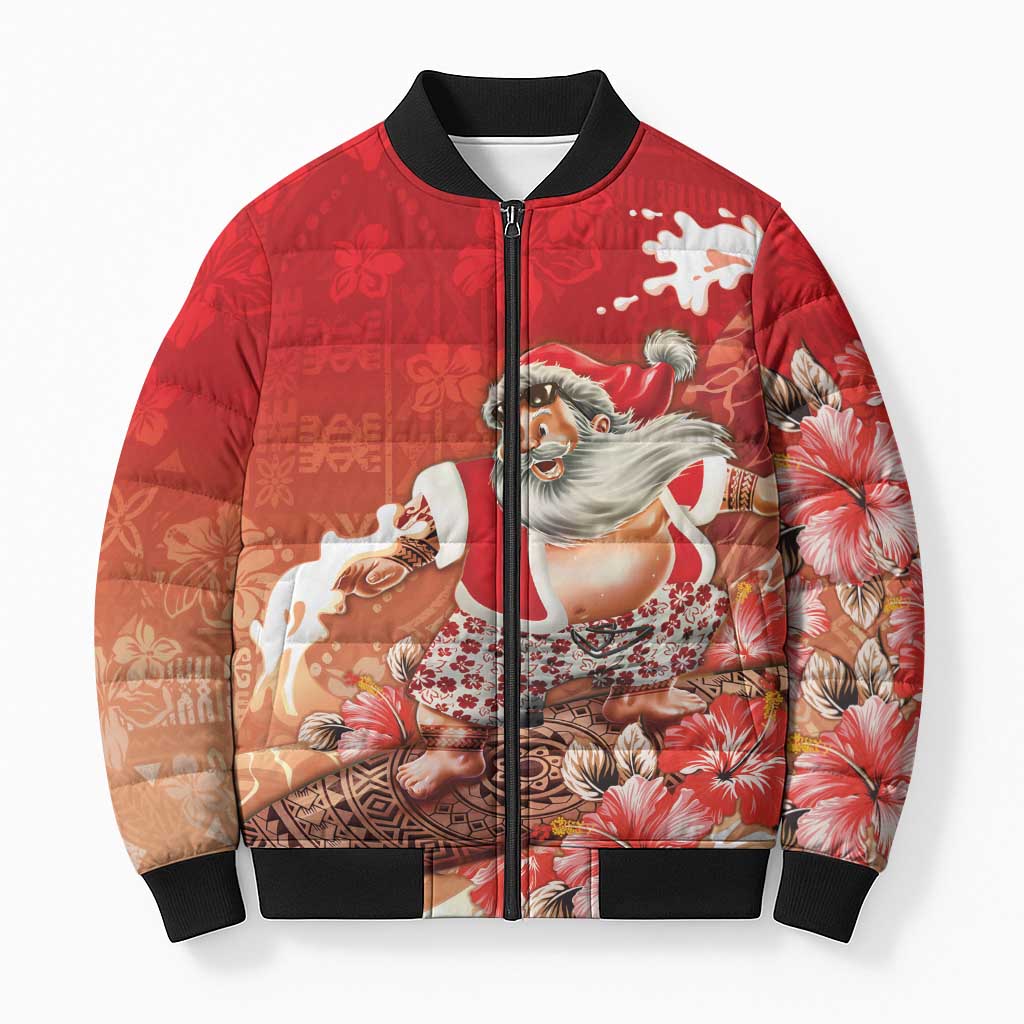Hawaii Funny Christmas Bomber Puffer Jacket Santa Surfing With Tapa Pattern LT05 Unisex Red - Polynesian Pride