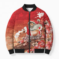 Hawaii Funny Christmas Bomber Puffer Jacket Santa Surfing With Tapa Pattern LT05 Unisex Red - Polynesian Pride