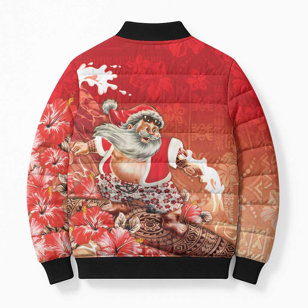 Hawaii Funny Christmas Bomber Puffer Jacket Santa Surfing With Tapa Pattern LT05 - Polynesian Pride