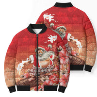 Hawaii Funny Christmas Bomber Puffer Jacket Santa Surfing With Tapa Pattern LT05 - Polynesian Pride