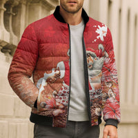 Hawaii Funny Christmas Bomber Puffer Jacket Santa Surfing With Tapa Pattern LT05 - Polynesian Pride