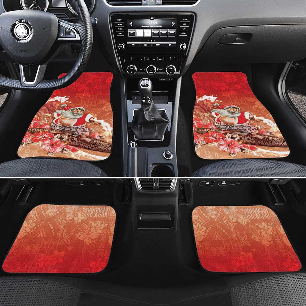 Hawaii Funny Christmas Car Mats Santa Surfing With Tapa Pattern LT05 Set 4pcs Red - Polynesian Pride