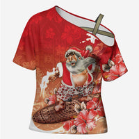 Hawaii Funny Christmas Cross Shoulder Shirt Santa Surfing With Tapa Pattern LT05 Female Red - Polynesian Pride