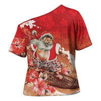 Hawaii Funny Christmas Cross Shoulder Shirt Santa Surfing With Tapa Pattern LT05 - Polynesian Pride