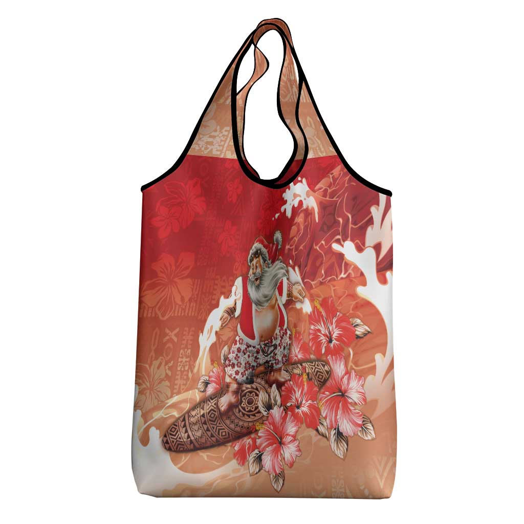 Hawaii Funny Christmas Grocery Bag Santa Surfing With Tapa Pattern LT05 - Polynesian Pride