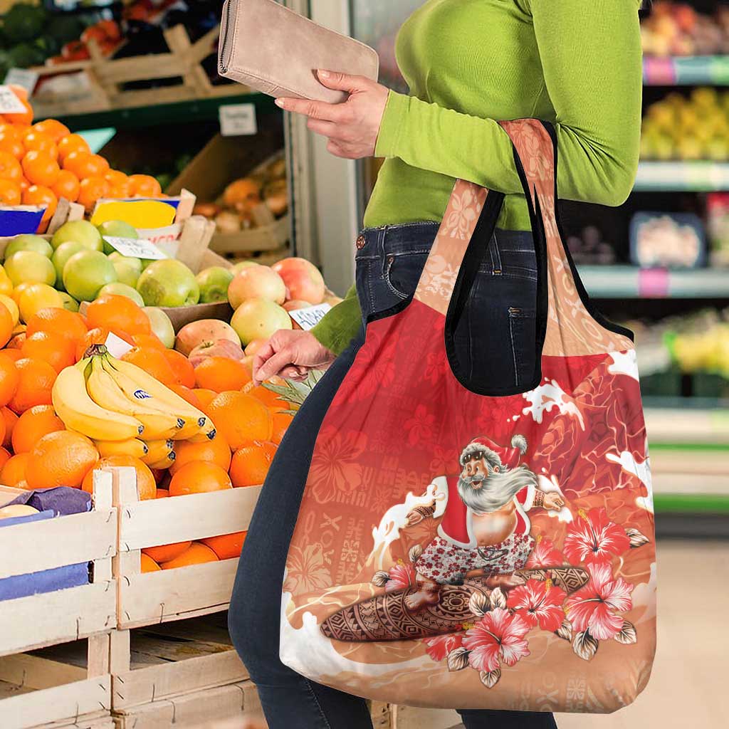 Hawaii Funny Christmas Grocery Bag Santa Surfing With Tapa Pattern LT05 - Polynesian Pride