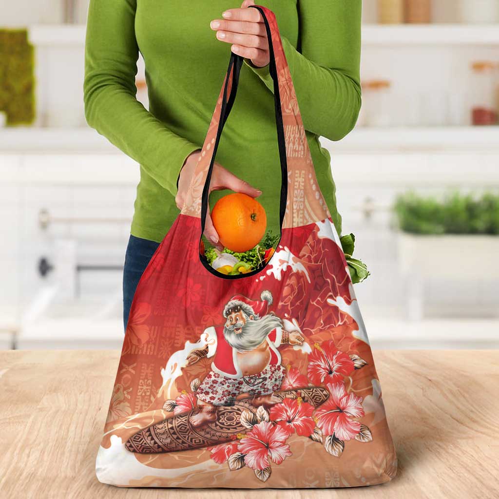 Hawaii Funny Christmas Grocery Bag Santa Surfing With Tapa Pattern LT05 - Polynesian Pride