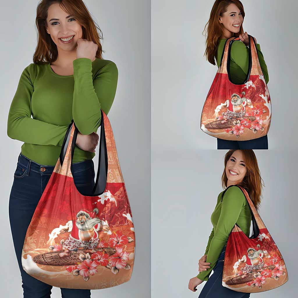Hawaii Funny Christmas Grocery Bag Santa Surfing With Tapa Pattern LT05 - Polynesian Pride