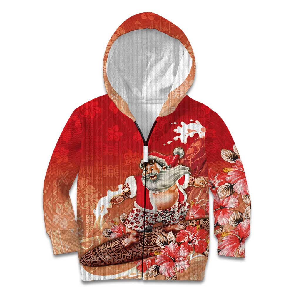 Hawaii Funny Christmas Kid Hoodie Santa Surfing With Tapa Pattern LT05 Zip Hoodie Red - Polynesian Pride