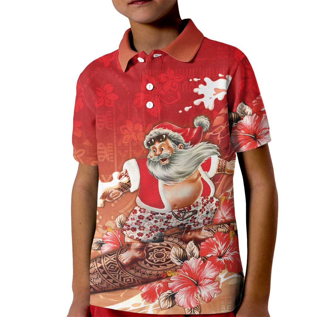 Hawaii Funny Christmas Kid Polo Shirt Santa Surfing With Tapa Pattern LT05 Kid Red - Polynesian Pride