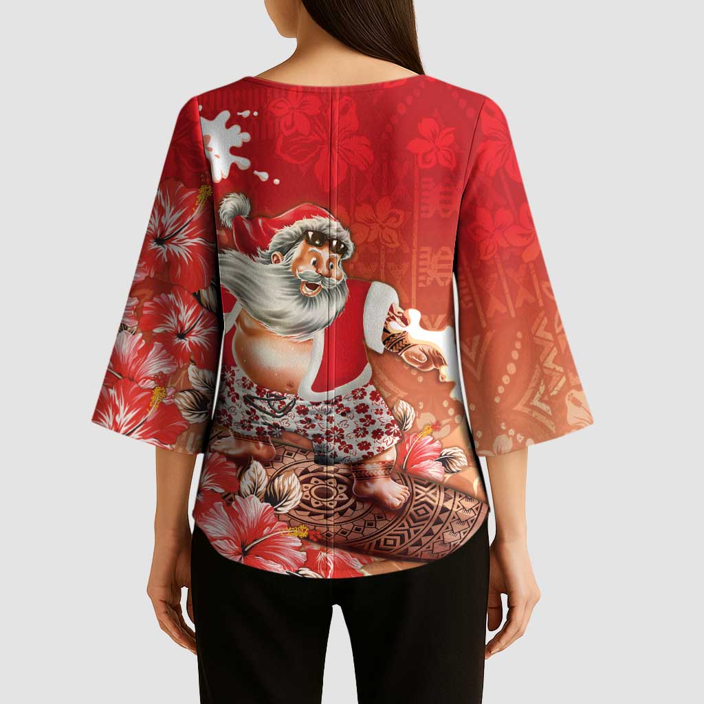 Hawaii Funny Christmas Kimono Sleeve Blouse Santa Surfing With Tapa Pattern LT05 - Polynesian Pride