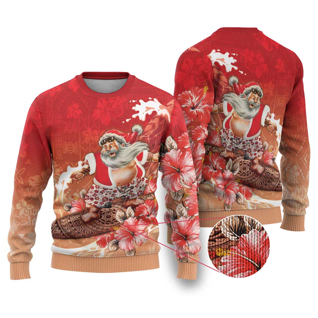 Hawaii Funny Christmas Ugly Christmas Sweater Santa Surfing With Tapa Pattern LT05 Red - Polynesian Pride