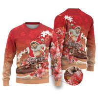 Hawaii Funny Christmas Ugly Christmas Sweater Santa Surfing With Tapa Pattern LT05 Red - Polynesian Pride