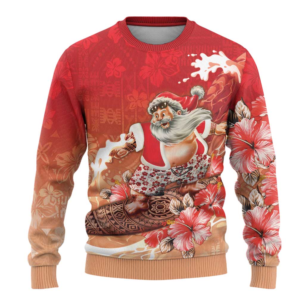 Hawaii Funny Christmas Ugly Christmas Sweater Santa Surfing With Tapa Pattern LT05 - Polynesian Pride