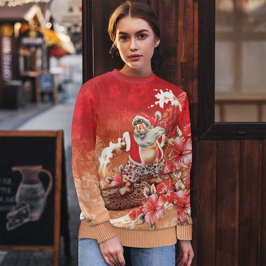 Hawaii Funny Christmas Ugly Christmas Sweater Santa Surfing With Tapa Pattern LT05 - Polynesian Pride
