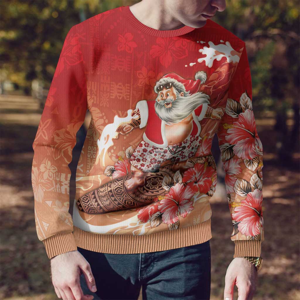 Hawaii Funny Christmas Ugly Christmas Sweater Santa Surfing With Tapa Pattern LT05 - Polynesian Pride