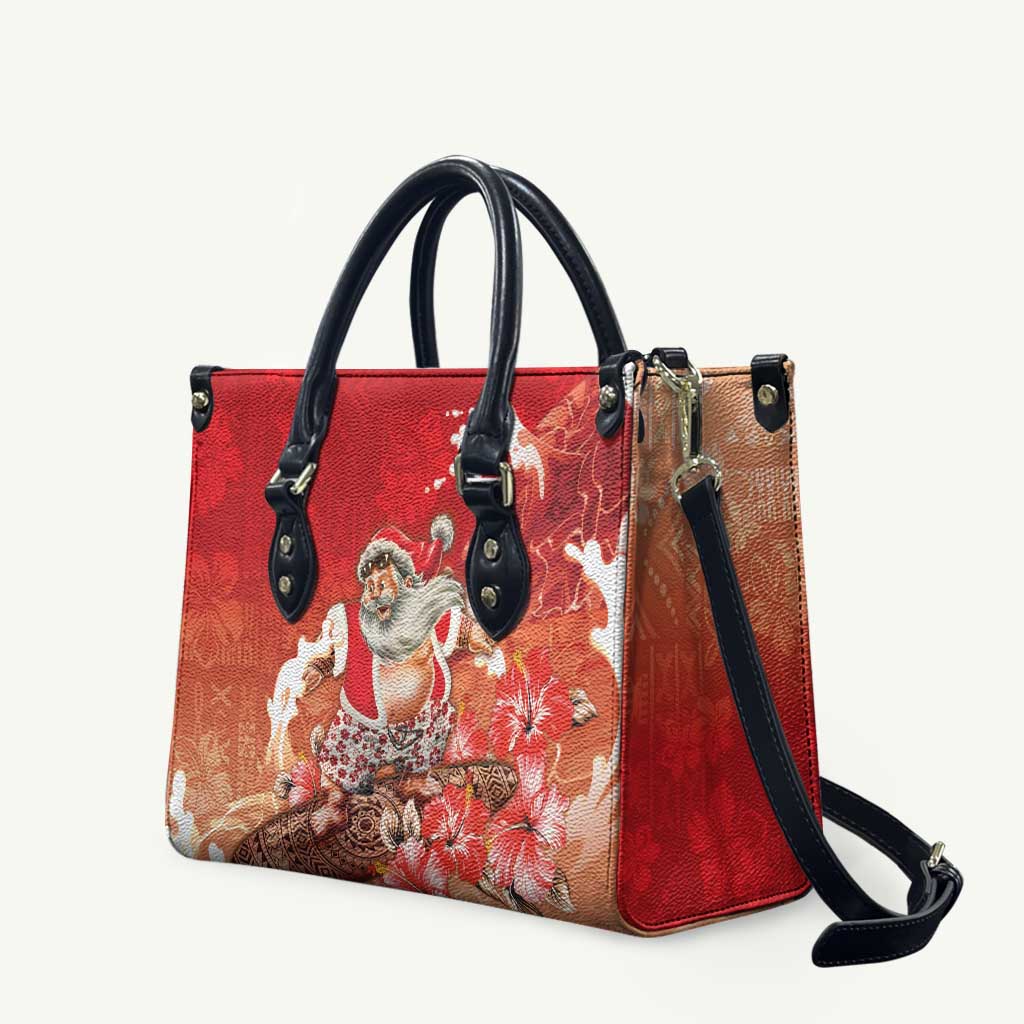Hawaii Funny Christmas Leather Bag Santa Surfing With Tapa Pattern LT05 Red - Polynesian Pride